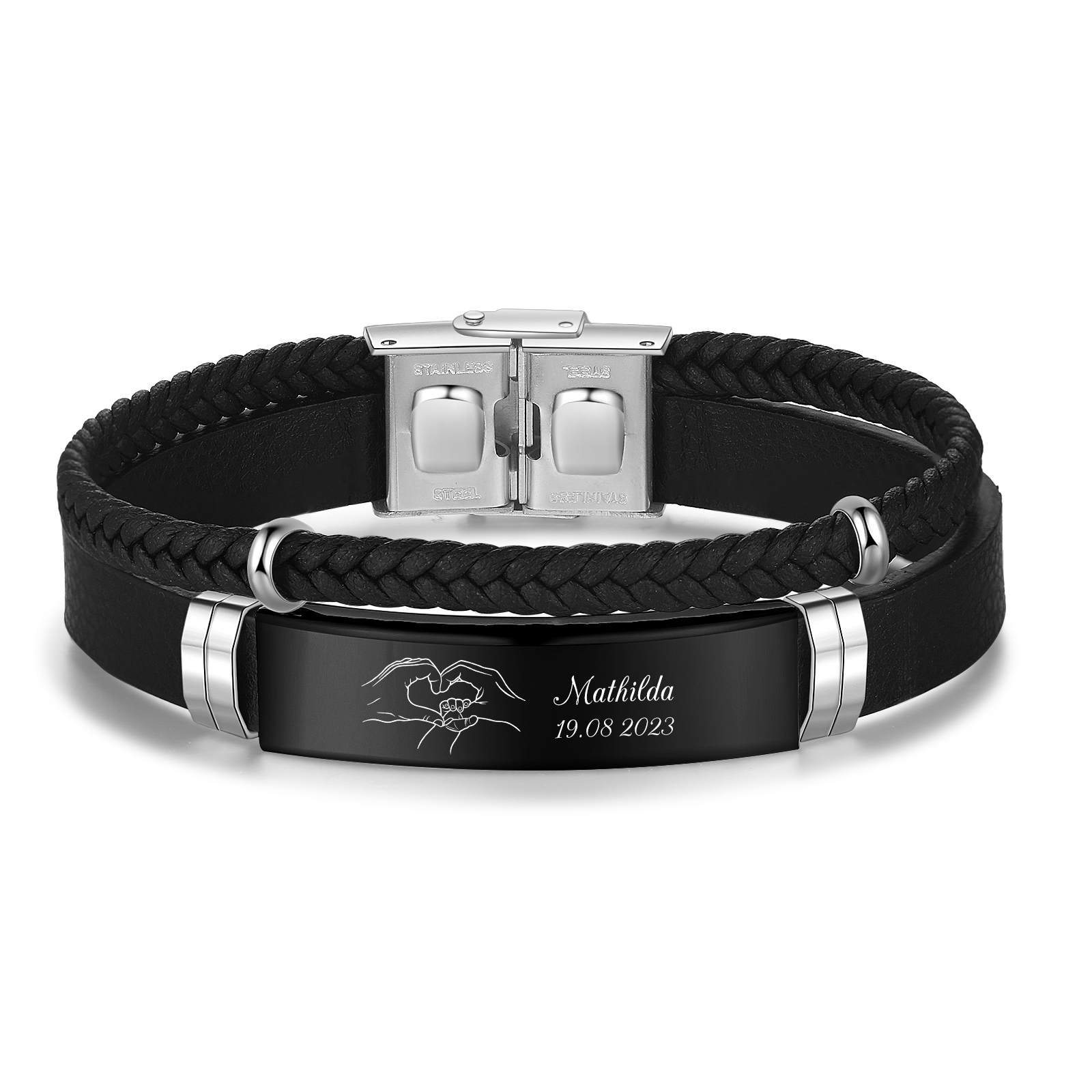 Bracelet personnalisé main dans la main avec nom et date, acier noir ou argenté | Jessemade
