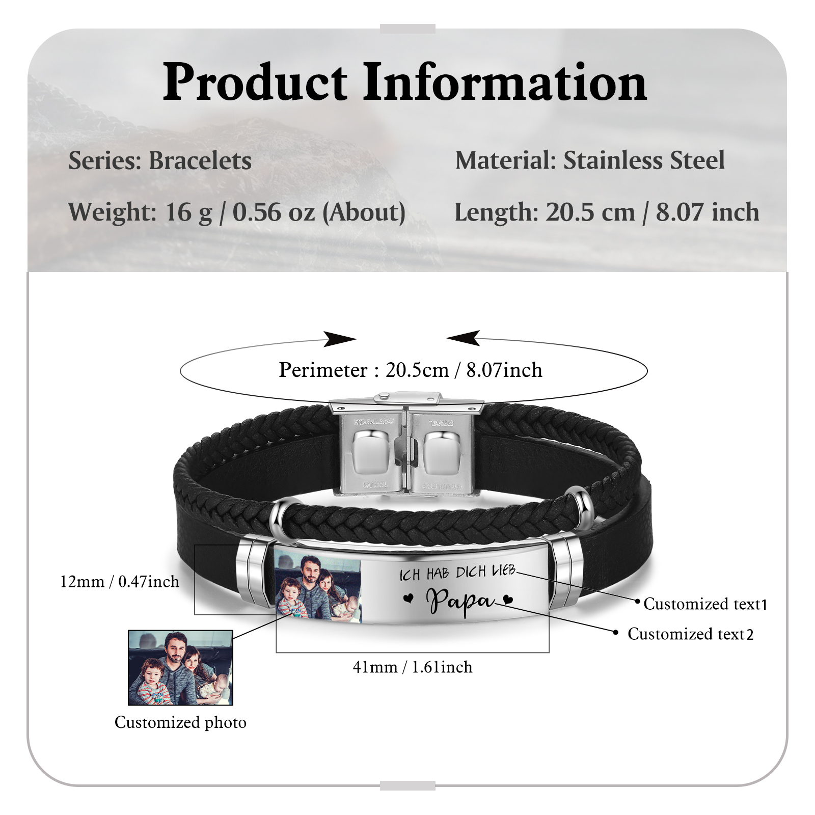 Bracelet Personnalisé pour Papa avec 1 Nom, 1 Texte et Photo Gravés | Jessemade