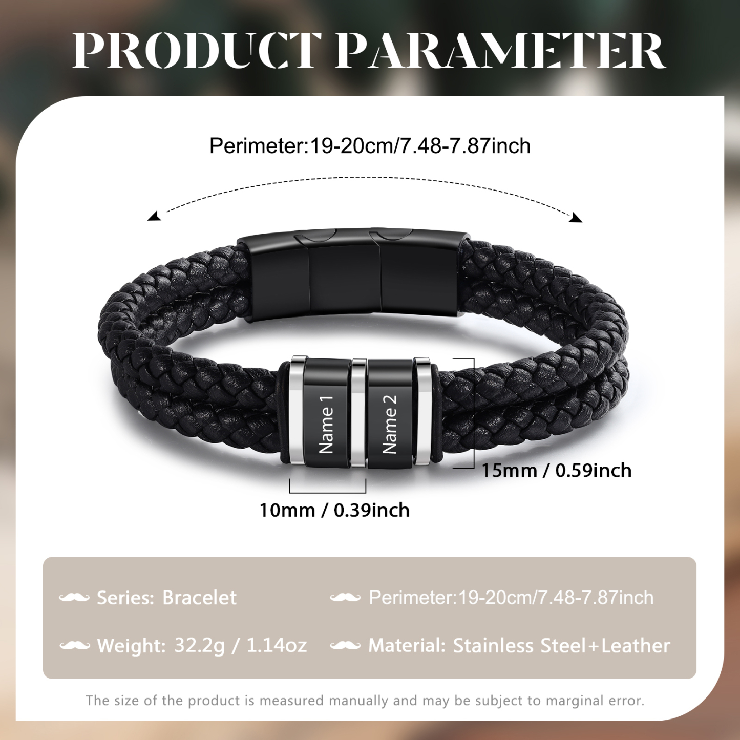 Bracelet Cuir 2 Préoms Personnalisés pour Homme