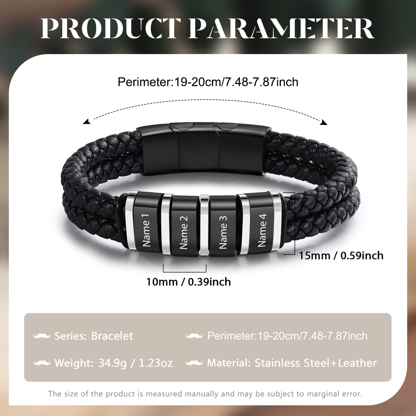 Bracelet Cuir 4 Préoms Personnalisés pour Homme