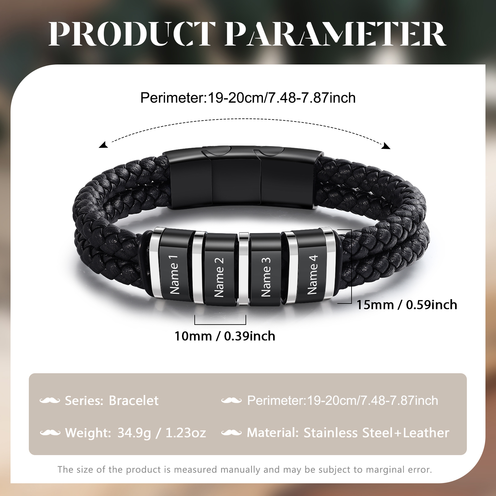 Bracelet Cuir 4 Préoms Personnalisés pour Homme