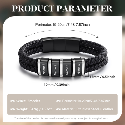 Bracelet Cuir 4 Préoms Personnalisés pour Homme