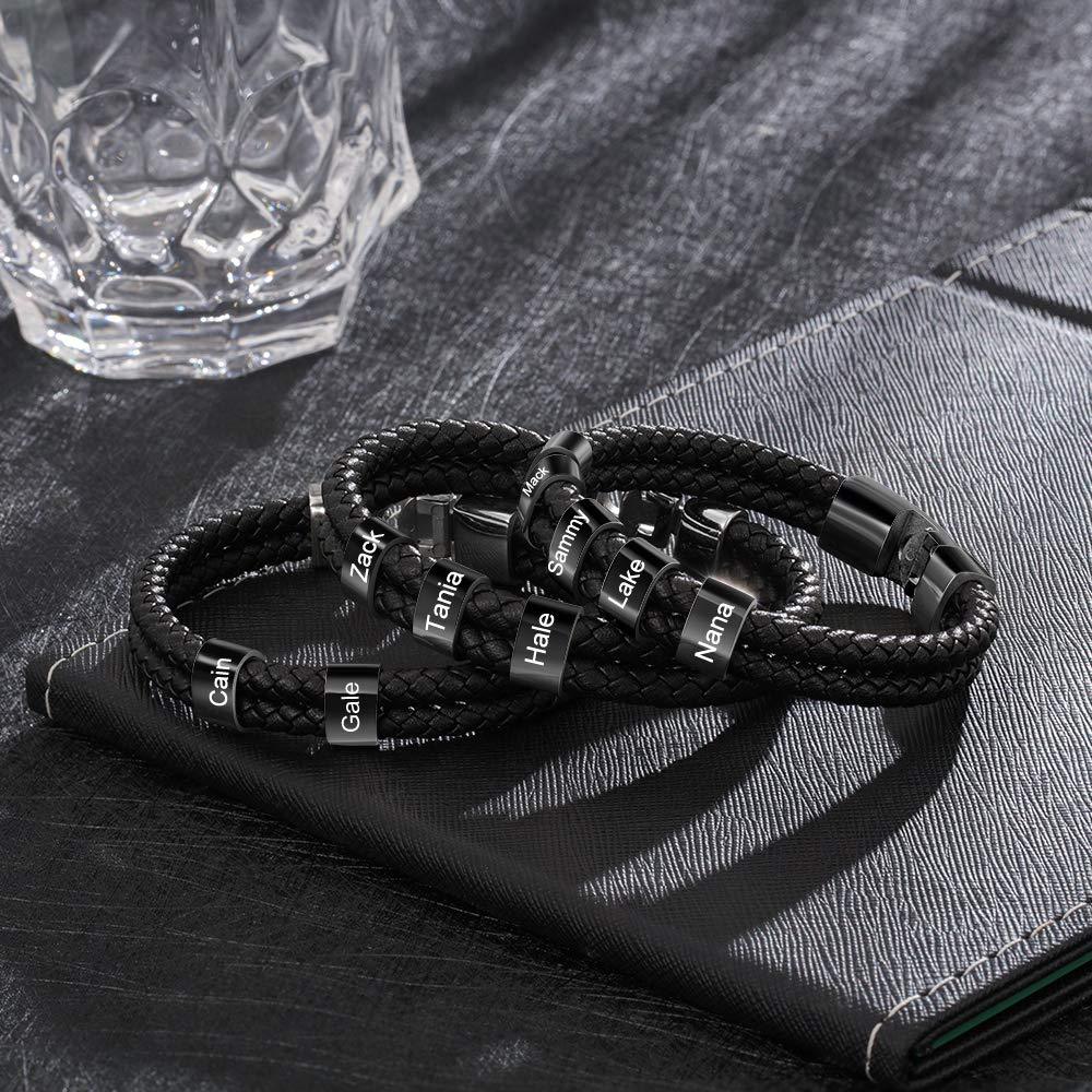 Bracelet Cuir tressé 4 Perles Prénom Bracelet Personnalisé Homme pour Papa|Jessemade