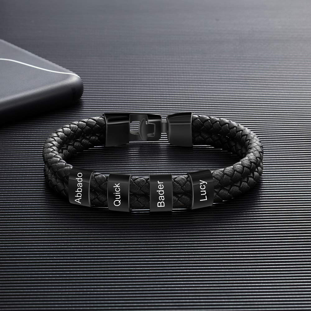 Bracelet Cuir tressé 4 Perles Prénom Bracelet Personnalisé Homme pour Papa|Jessemade