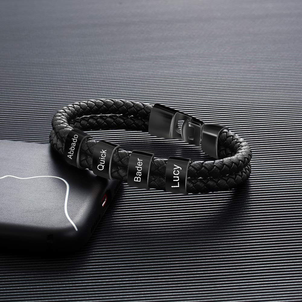 Bracelet Cuir tressé 4 Perles Prénom Bracelet Personnalisé Homme pour Papa|Jessemade