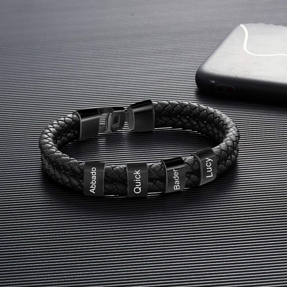Bracelet Cuir tressé 4 Perles Prénom Bracelet Personnalisé Homme pour Papa|Jessemade