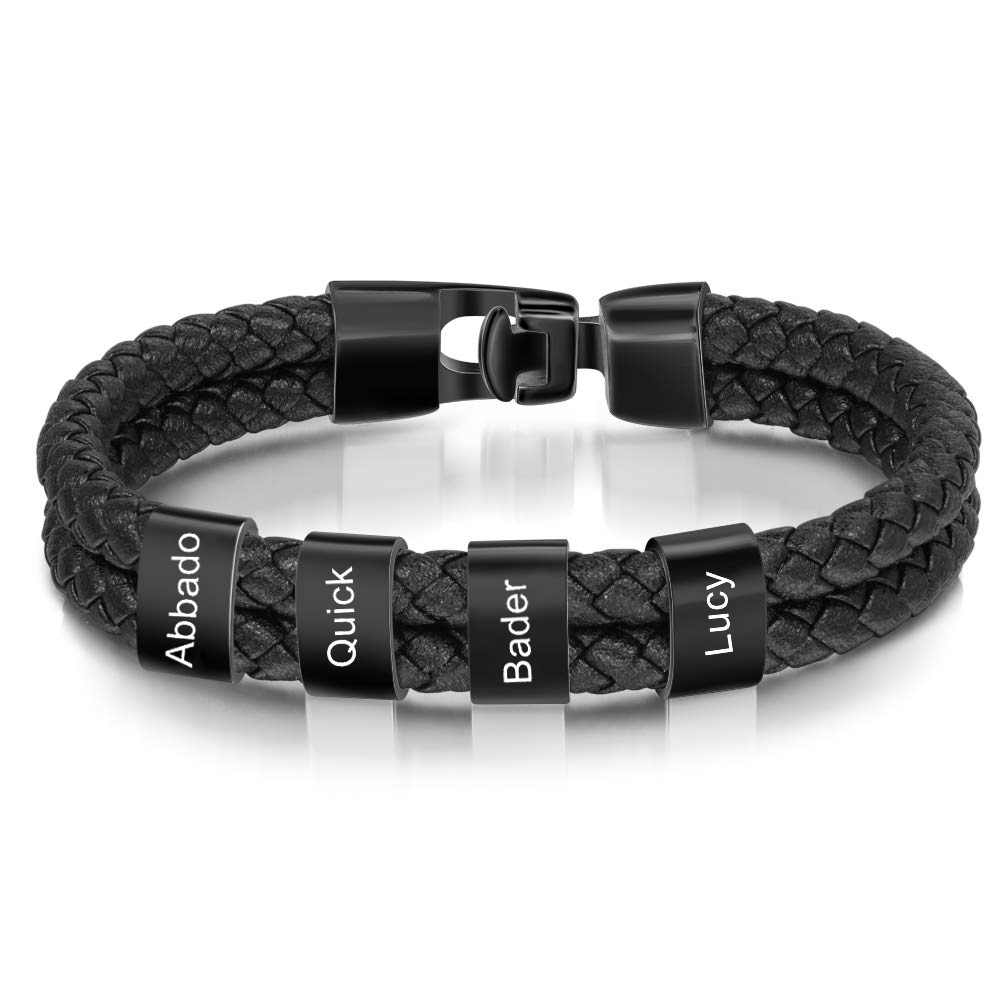 Bracelet Cuir tressé 4 Perles Prénom Bracelet Personnalisé Homme pour Papa|Jessemade