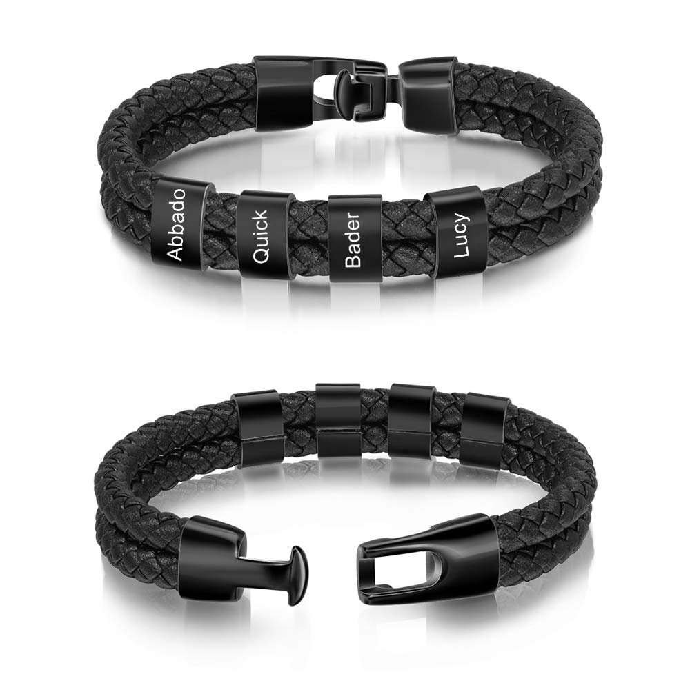 Bracelet Cuir tressé 4 Perles Prénom Bracelet Personnalisé Homme pour Papa|Jessemade