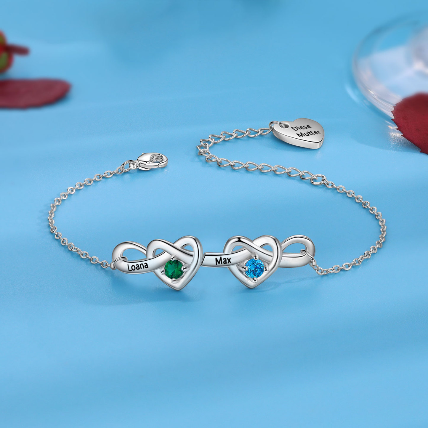 Bracelet 2 Prénoms Personnalisés avec 2 Pierres de Naissance Bracelet Personalisable pour Femme | Jessemade