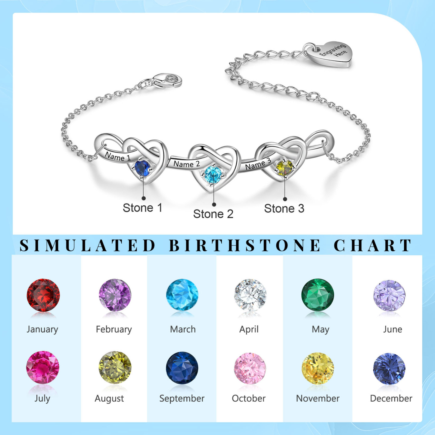 Bracelet Cœur Bracelet Personnalisé Femme 3 Prénoms et 1 Texte avec 3 Pierres de Naissance|Jessemade