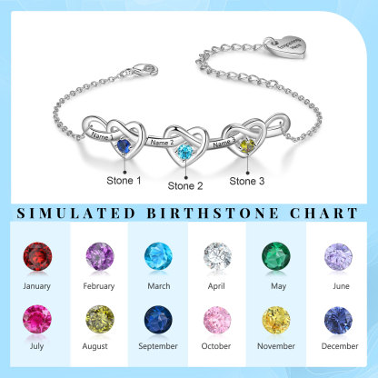 Bracelet Cœur Bracelet Personnalisé Femme 3 Prénoms et 1 Texte avec 3 Pierres de Naissance｜Jessemade