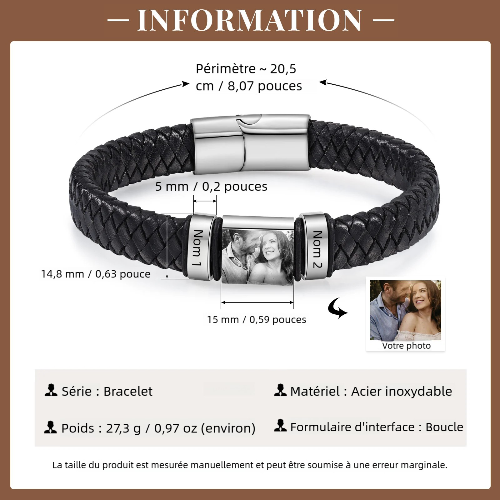 À mon Papa - Bracelet Personnalisé avec 2-5 Prénoms et 1 Photo Bracelet Homme Personnalisé en Cuir | Cadeau Fête des Pères｜Jessemade