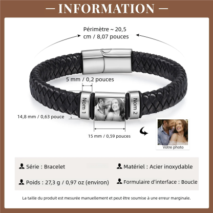 À mon Papa - Bracelet Personnalisé avec 2-5 Prénoms et 1 Photo Bracelet Homme Personnalisé en Cuir | Cadeau Fête des Pères｜Jessemade
