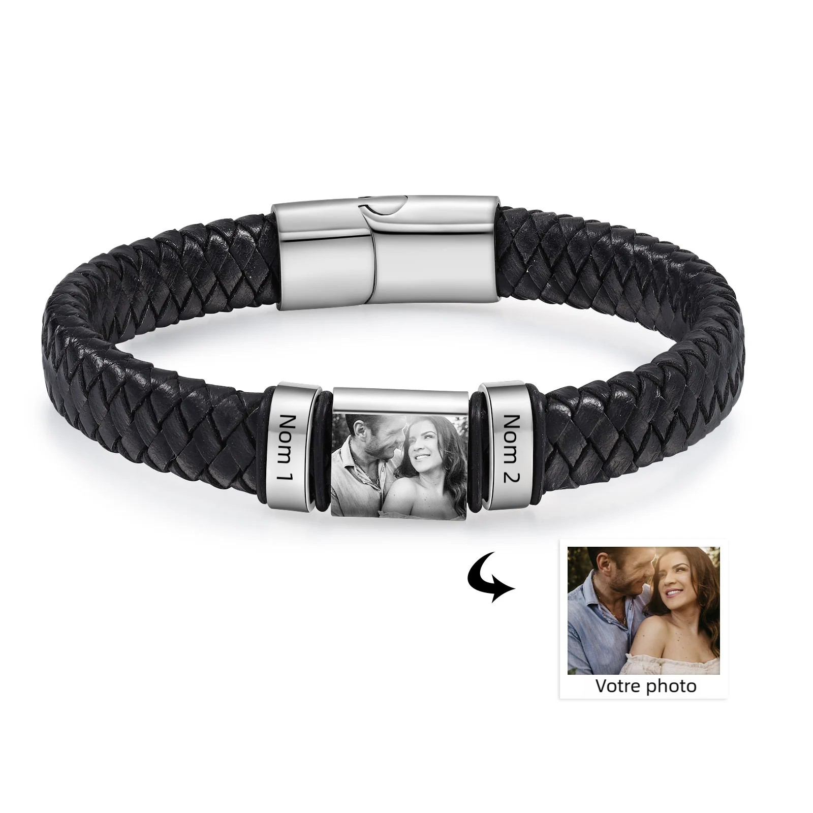 À mon Papa - Bracelet Personnalisé avec 2-5 Prénoms et 1 Photo Bracelet Homme Personnalisé en Cuir | Cadeau Fête des Pères｜Jessemade