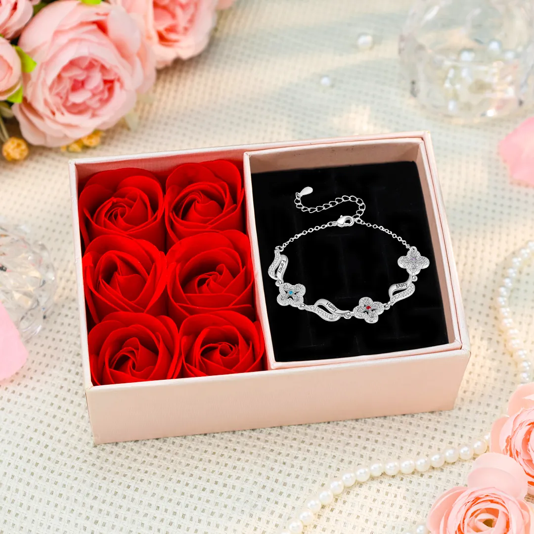 Bracelet Personnalisé Fleurs avec 2-4 Prénoms et Pierres de Naissance – Bijou famille pour Femme