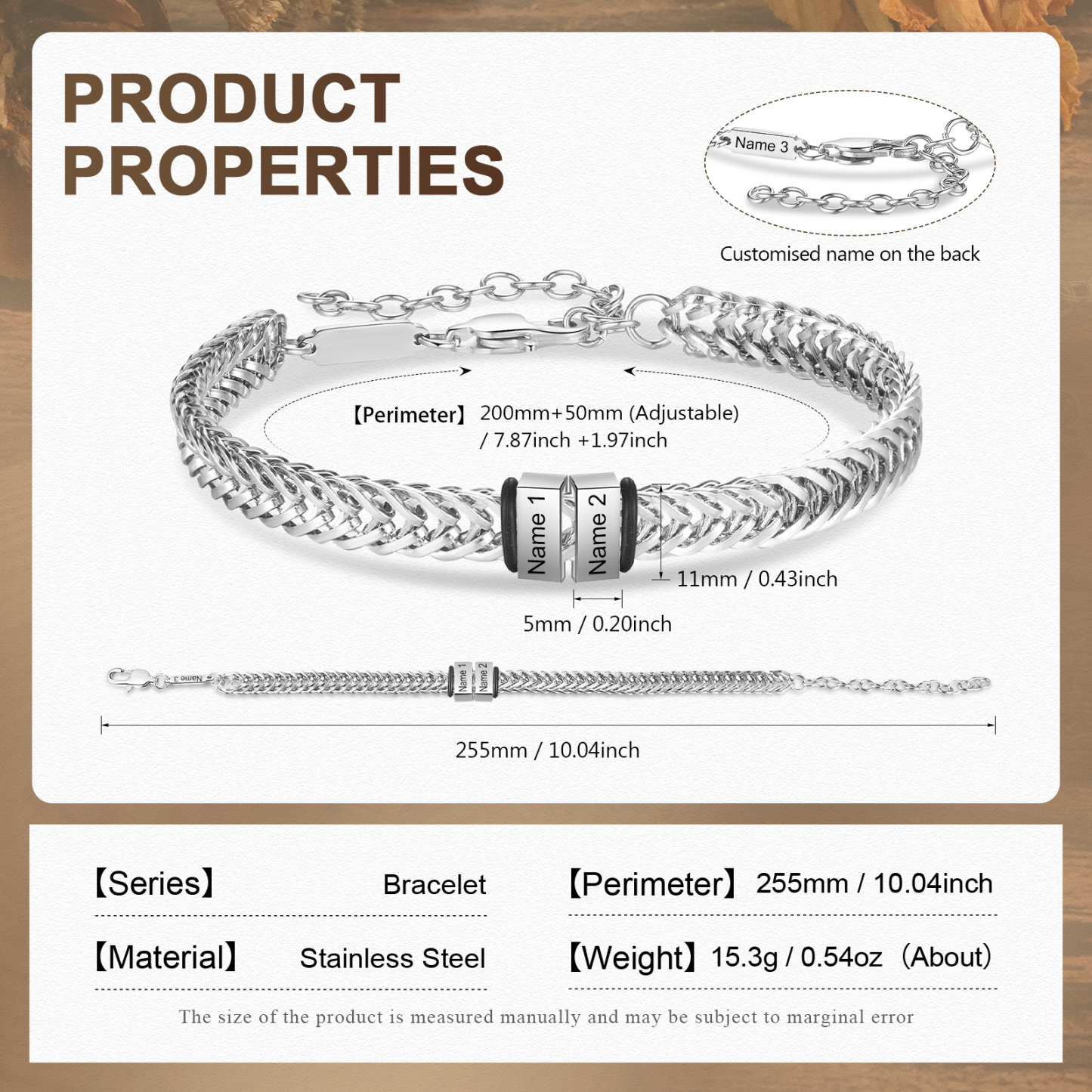 Bracelet Homme en acier inoxydable Personnalisée avec 3 Prénoms Bracelet Personnalisable Argent, Or et Noir | Jessemade