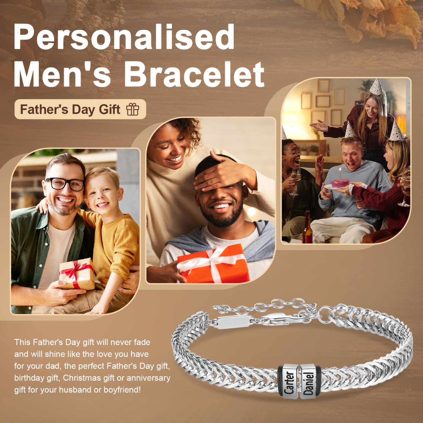 Bracelet Homme en acier inoxydable Personnalisée avec 3 Prénoms Bracelet Personnalisable Argent, Or et Noir | Jessemade