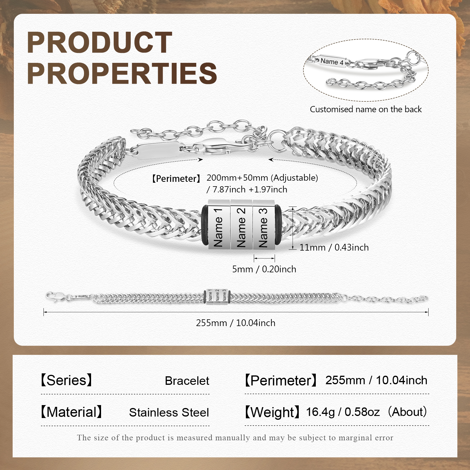 Bracelet Homme en acier inoxydable Personnalisée avec 4 Prénoms Bracelet Personnalisable Argent, Or et Noir | Jessemade