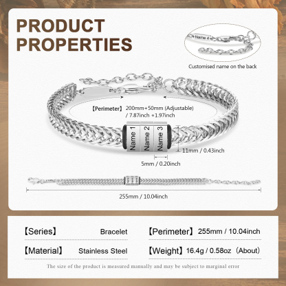 Bracelet Homme en acier inoxydable Personnalisée avec 4 Prénoms Bracelet Personnalisable Argent, Or et Noir | Jessemade