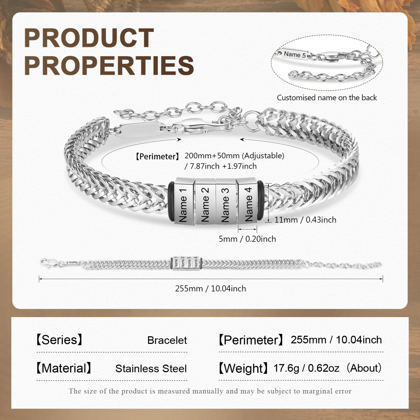Bracelet Homme en acier inoxydable Personnalisée avec 5 Prénoms Bracelet Personnalisable Argent, Or et Noir | Jessemade