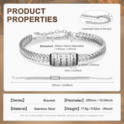 Bracelet Homme en acier inoxydable Personnalisée avec 5 Prénoms Bracelet Personnalisable Argent, Or et Noir | Jessemade