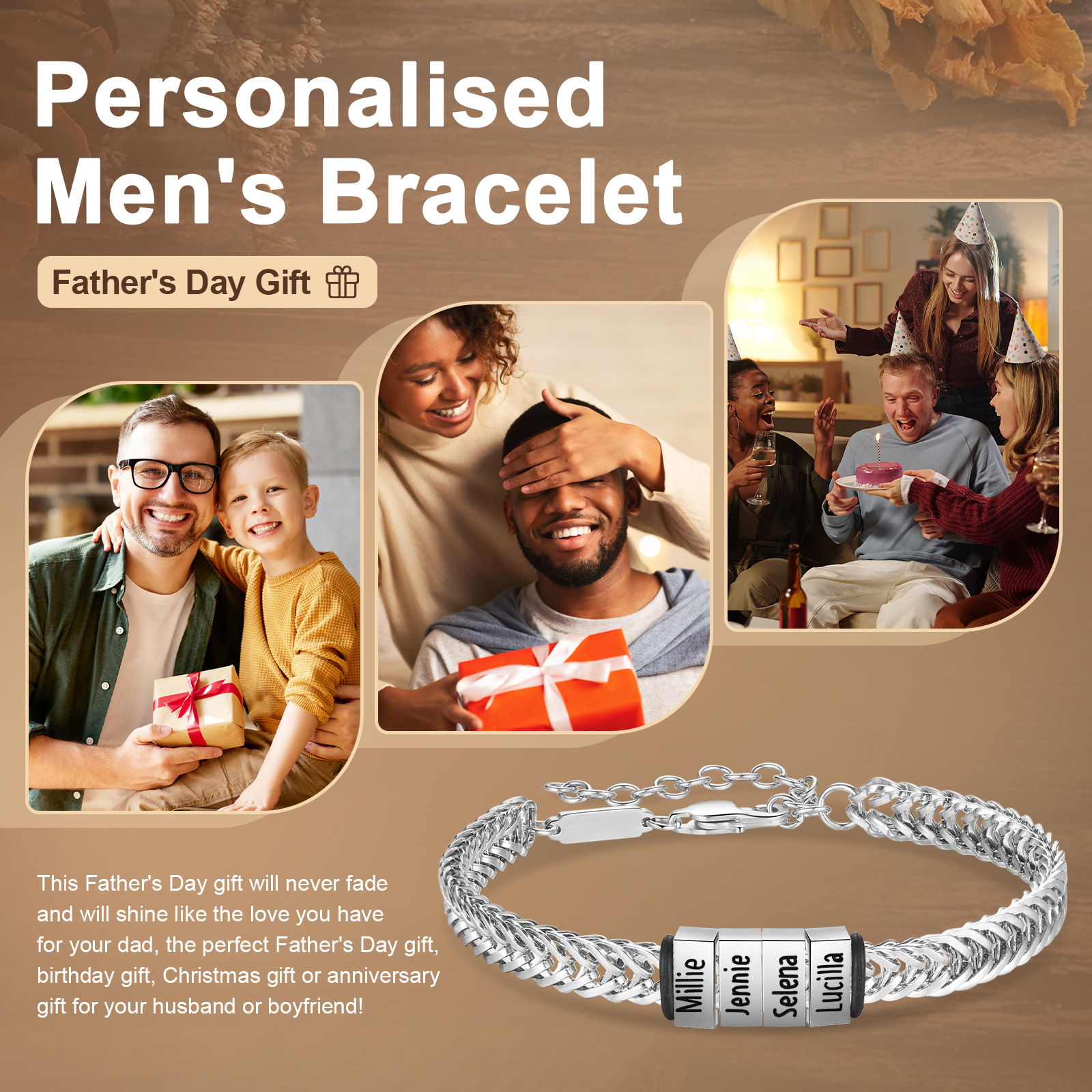 Bracelet Homme en acier inoxydable Personnalisée avec 5 Prénoms Bracelet Personnalisable Argent, Or et Noir | Jessemade
