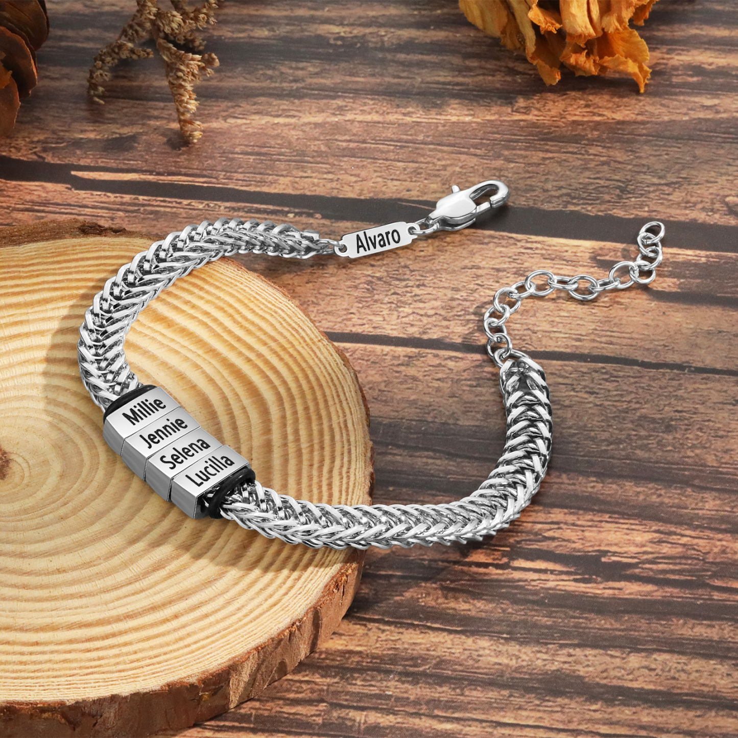 Bracelet Homme en acier inoxydable Personnalisée avec 5 Prénoms Bracelet Personnalisable Argent, Or et Noir | Jessemade