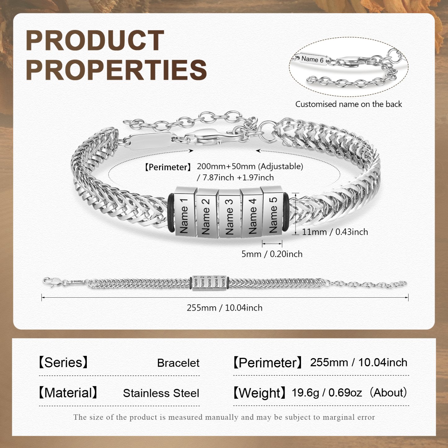 Bracelet Homme en acier inoxydable Personnalisée avec 6 Prénoms Bracelet Personnalisable Argent, Or et Noir | Jessemade