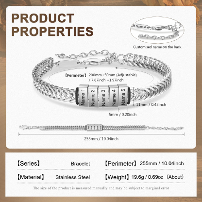 Bracelet Homme en acier inoxydable Personnalisée avec 6 Prénoms Bracelet Personnalisable Argent, Or et Noir | Jessemade