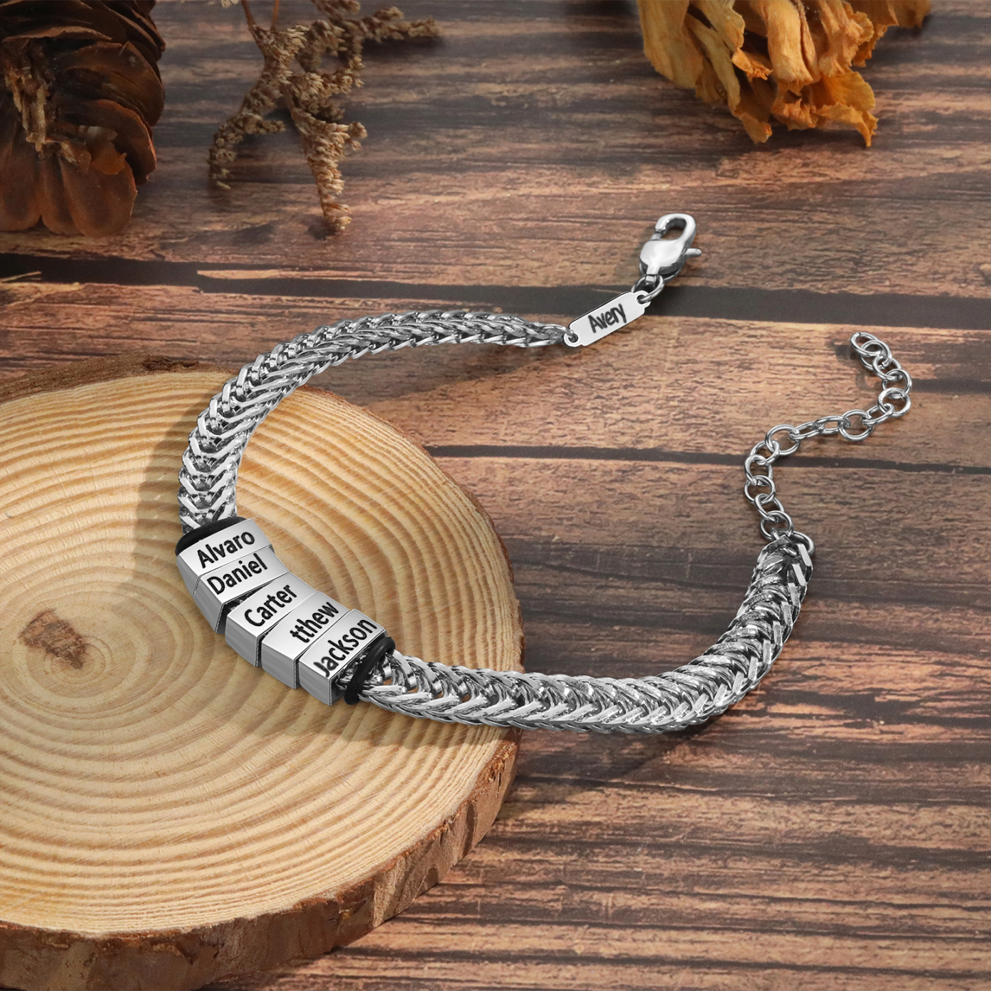 Bracelet Homme en acier inoxydable Personnalisée avec 6 Prénoms Bracelet Personnalisable Argent, Or et Noir | Jessemade