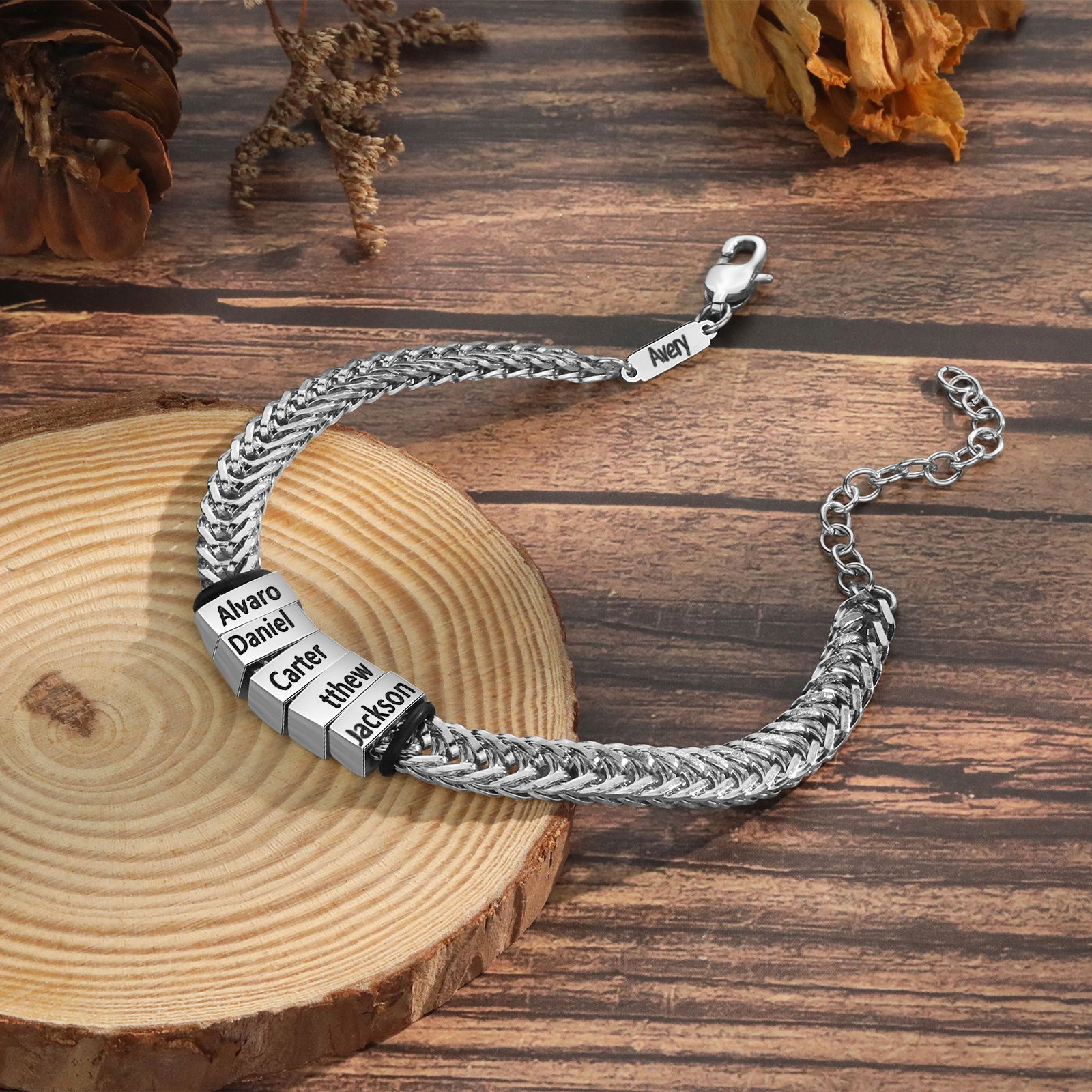 Bracelet Homme en acier inoxydable Personnalisée avec 6 Prénoms Bracelet Personnalisable Argent, Or et Noir | Jessemade