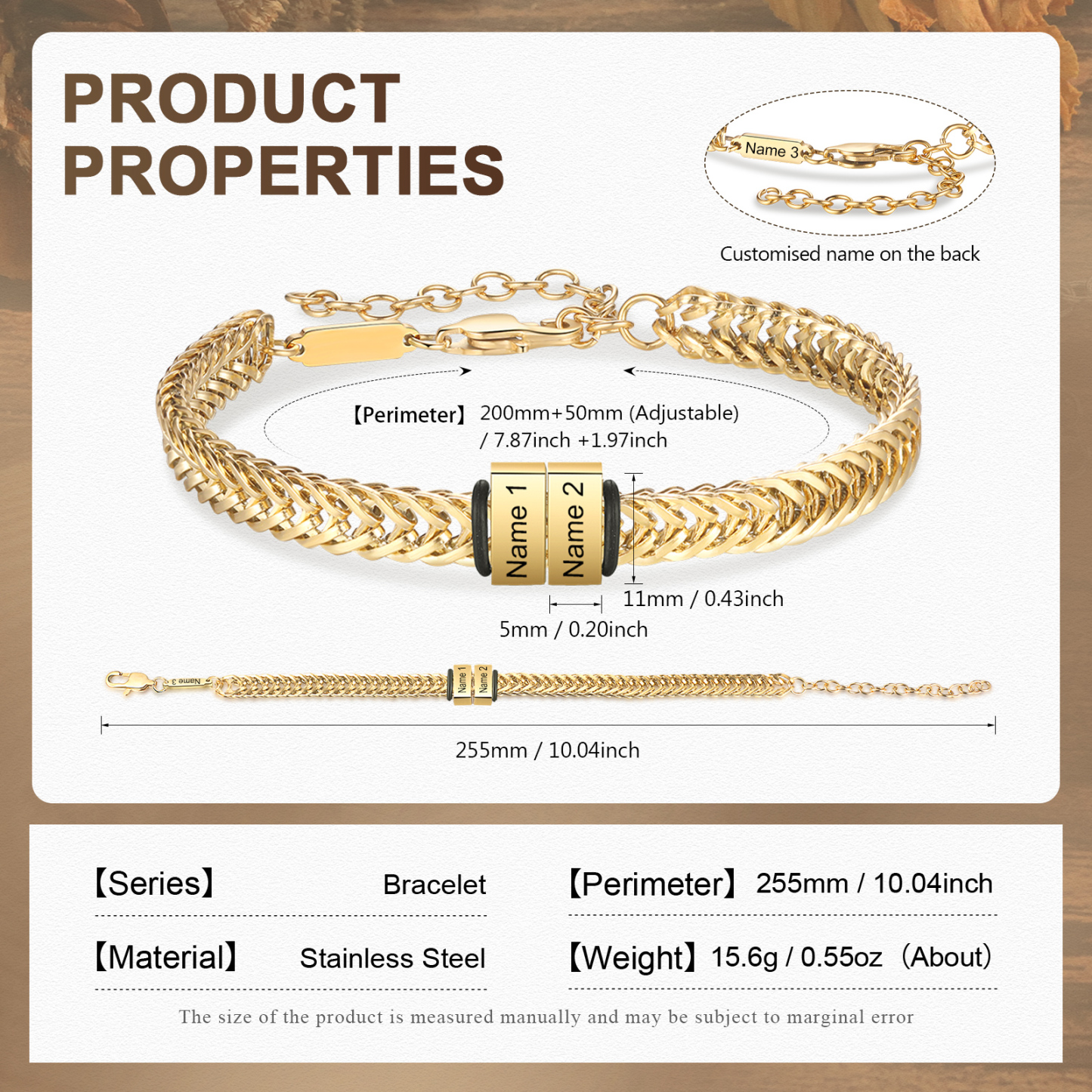 Bracelet Homme en acier inoxydable Personnalisée avec 3 Prénoms Bracelet Personnalisable Argent, Or et Noir | Jessemade