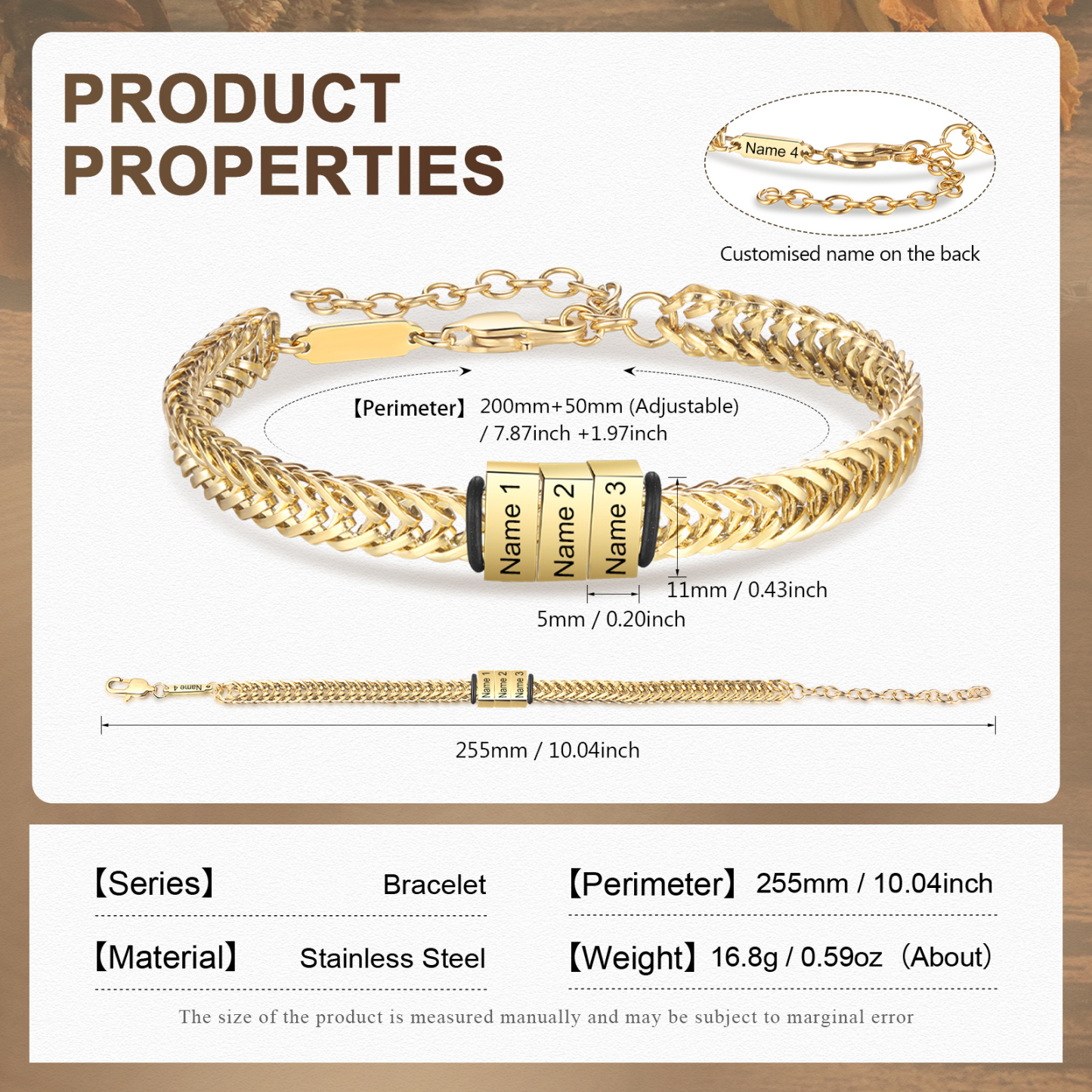 Bracelet Homme en acier inoxydable Personnalisée avec 4 Prénoms Bracelet Personnalisable Argent, Or et Noir | Jessemade