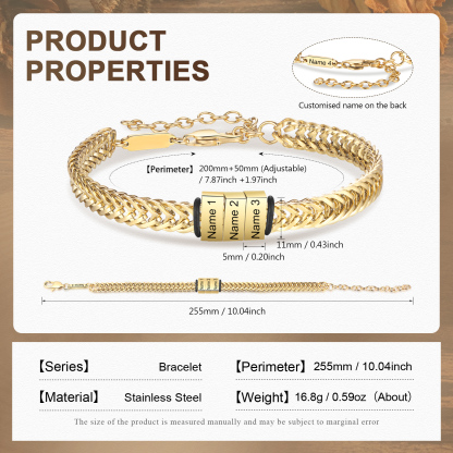 Bracelet Homme en acier inoxydable Personnalisée avec 4 Prénoms Bracelet Personnalisable Argent, Or et Noir | Jessemade