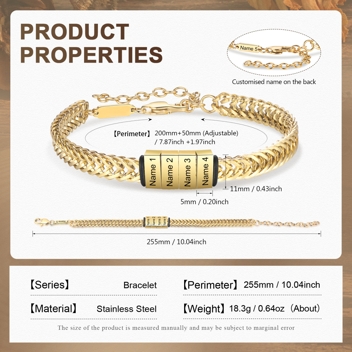 Bracelet Homme en acier inoxydable Personnalisée avec 5 Prénoms Bracelet Personnalisable Argent, Or et Noir | Jessemade