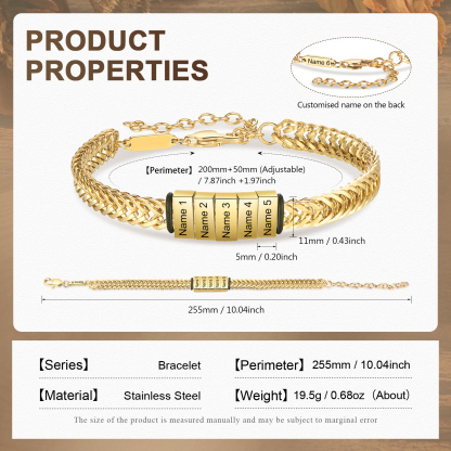 Bracelet Homme en acier inoxydable Personnalisée avec 6 Prénoms Bracelet Personnalisable Argent, Or et Noir | Jessemade
