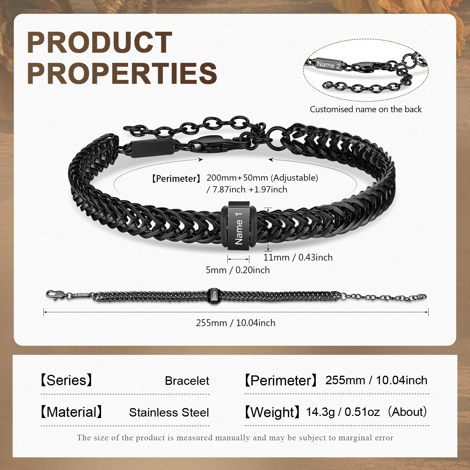 Bracelet Homme en acier inoxydable Personnalisée avec 2 Prénoms Bracelet Personnalisable Argent, Or et Noir | Jessemade