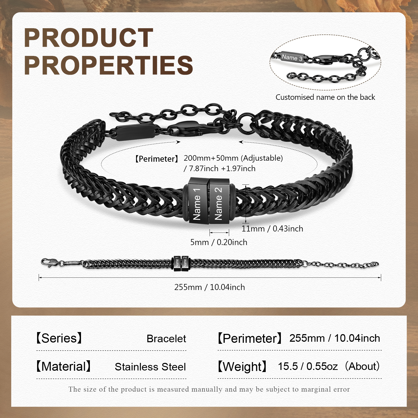 Bracelet Homme en acier inoxydable Personnalisée avec 3 Prénoms Bracelet Personnalisable Argent, Or et Noir | Jessemade