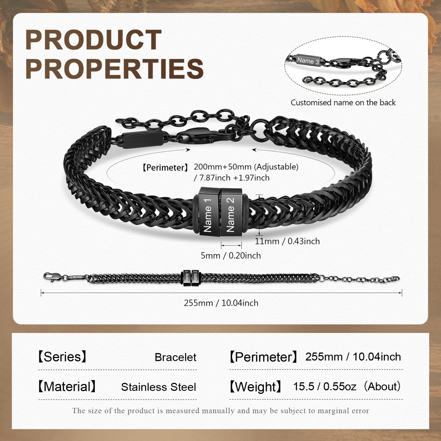 Bracelet Homme en acier inoxydable Personnalisée avec 3 Prénoms Bracelet Personnalisable Argent, Or et Noir | Jessemade