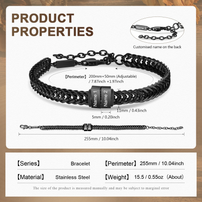 Bracelet Homme en acier inoxydable Personnalisée avec 3 Prénoms Bracelet Personnalisable Argent, Or et Noir | Jessemade