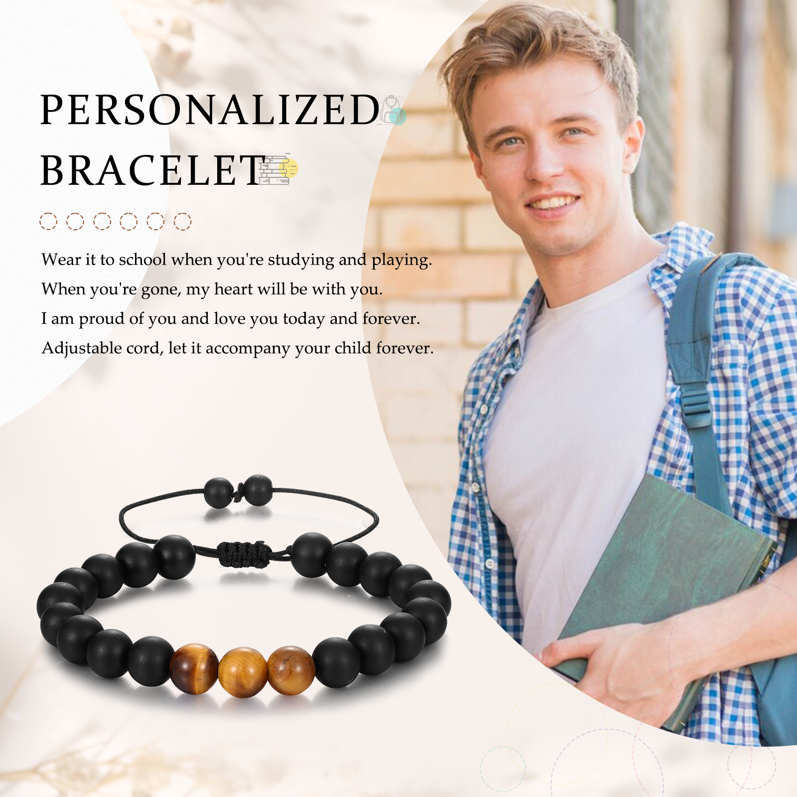 Bracelet 1 Prénom Personnalisé Pierres Oeil de Tigre Brun Bracelet Personnalisé homme｜Jessemade