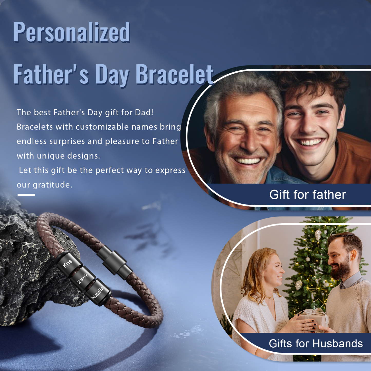 Bracelet en Cuir tressé 3 Prénoms Personnalisés Bracelet Homme