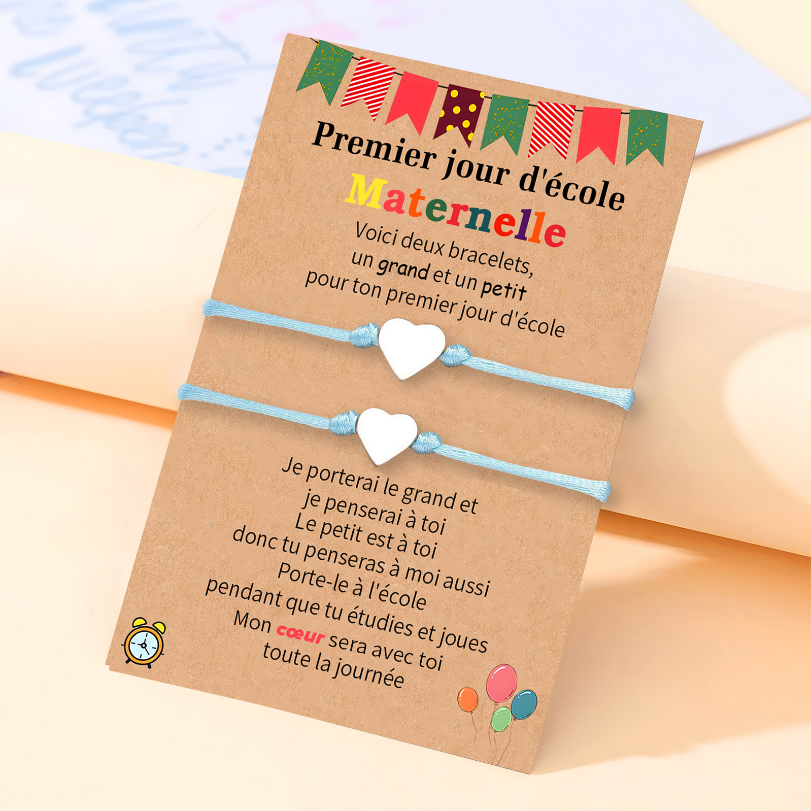 2PCS Ensemble de Bracelets Cœur Corde élastiques - Cadeau Rentrée Scolaire Premier jour d’école maternelle