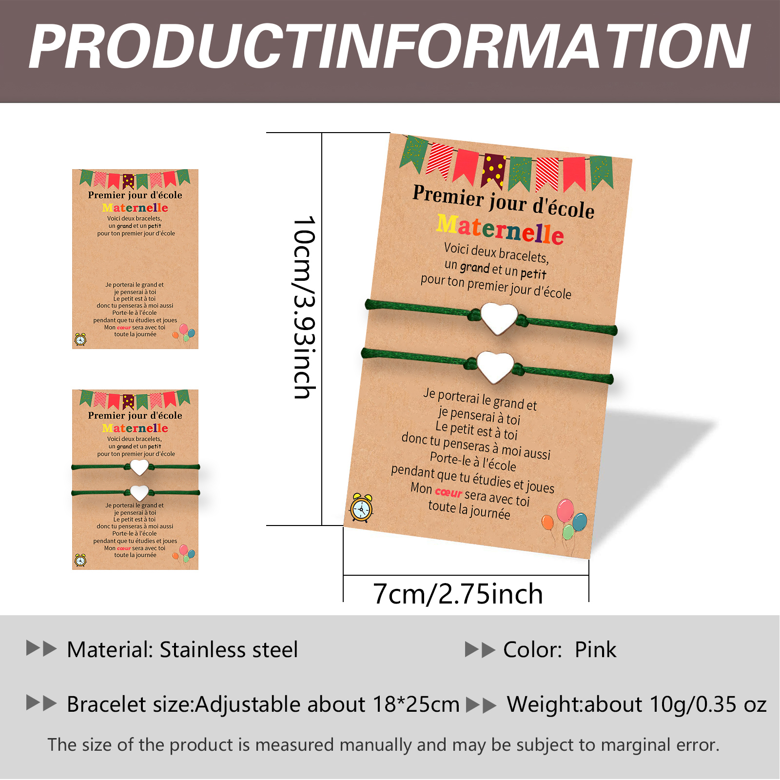 2PCS Ensemble de Bracelets Cœur Corde élastiques - Cadeau Rentrée Scolaire Premier jour d’école maternelle