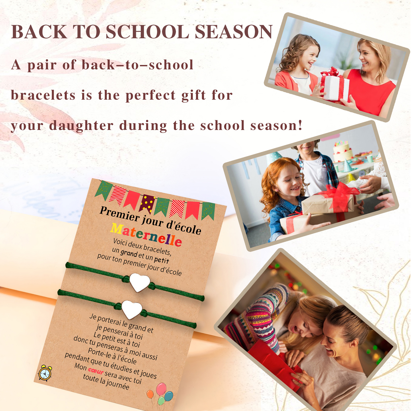 2PCS Ensemble de Bracelets Cœur Corde élastiques - Cadeau Rentrée Scolaire Premier jour d’école maternelle