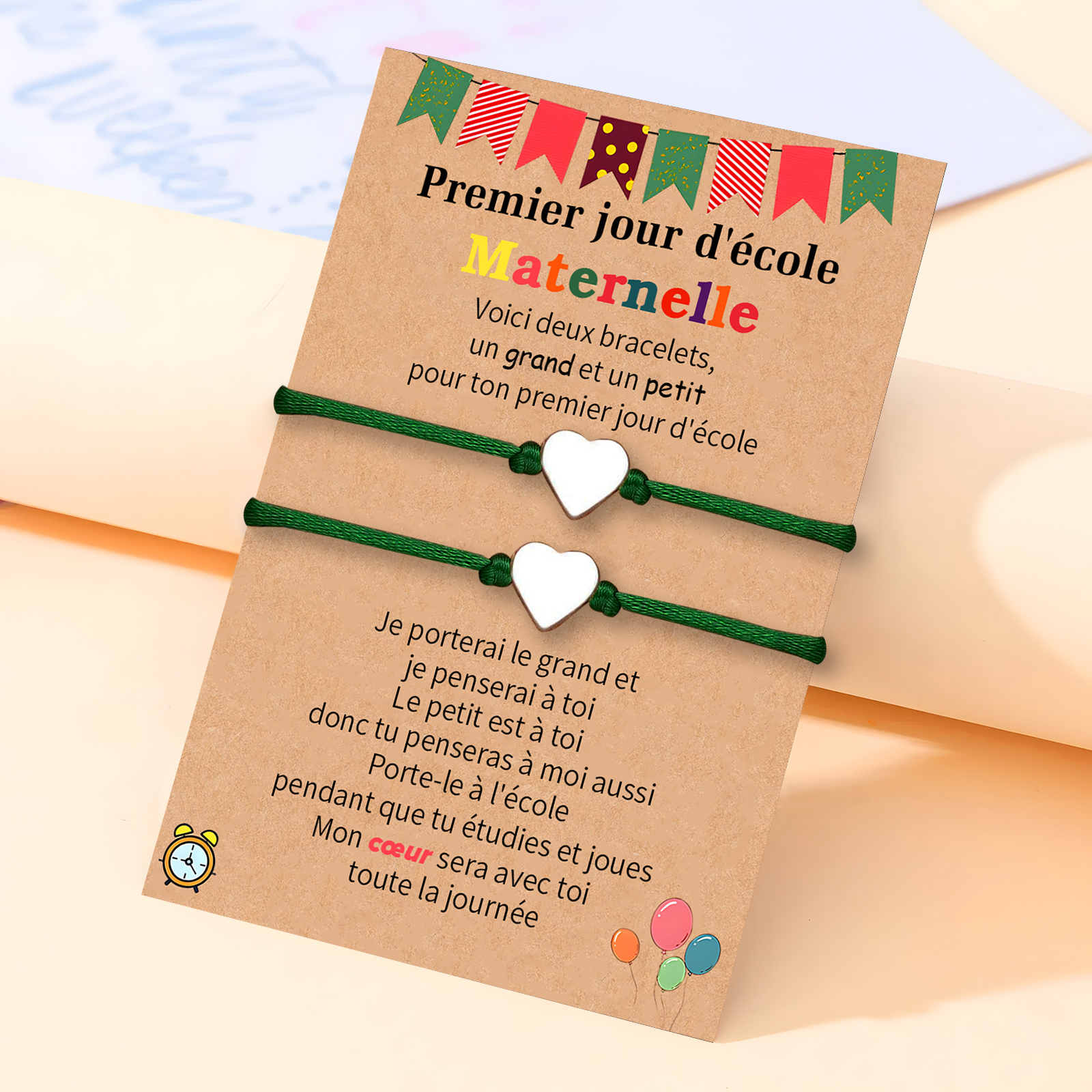 2PCS Ensemble de Bracelets Cœur Corde élastiques - Cadeau Rentrée Scolaire Premier jour d’école maternelle