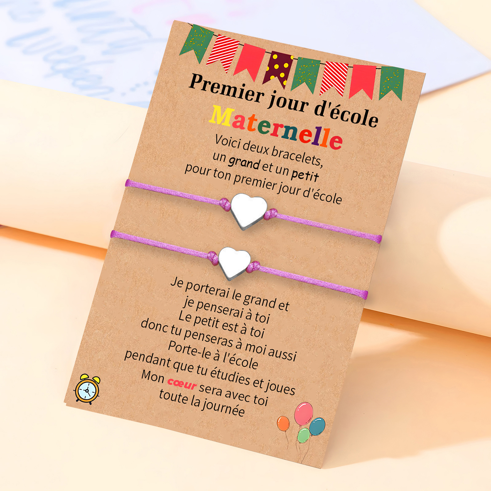 2PCS Ensemble de Bracelets Cœur Corde élastiques - Cadeau Rentrée Scolaire Premier jour d’école maternelle