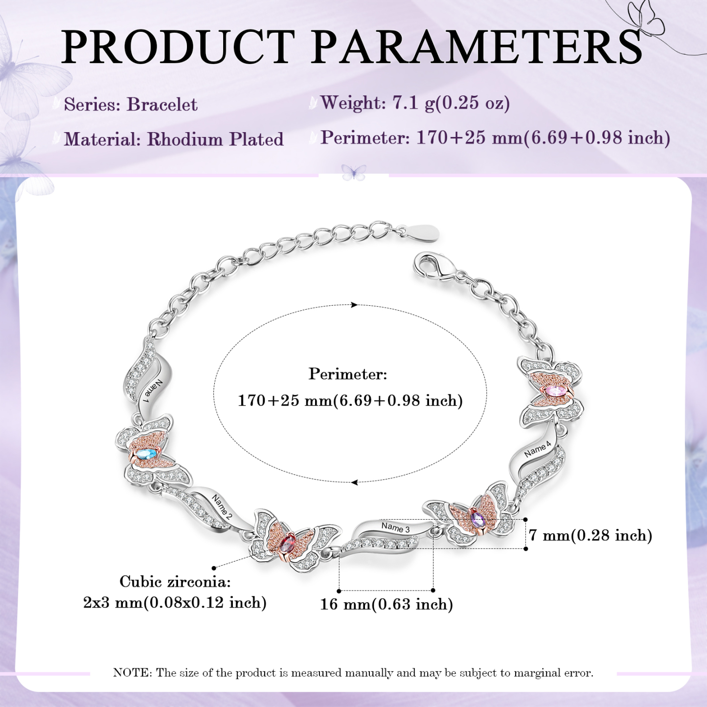 Bracelet Papillon 4 Prénoms Personnalisés avec 4 Pierres de Naissance Bracelet Personnalisé Femme | Jessemade