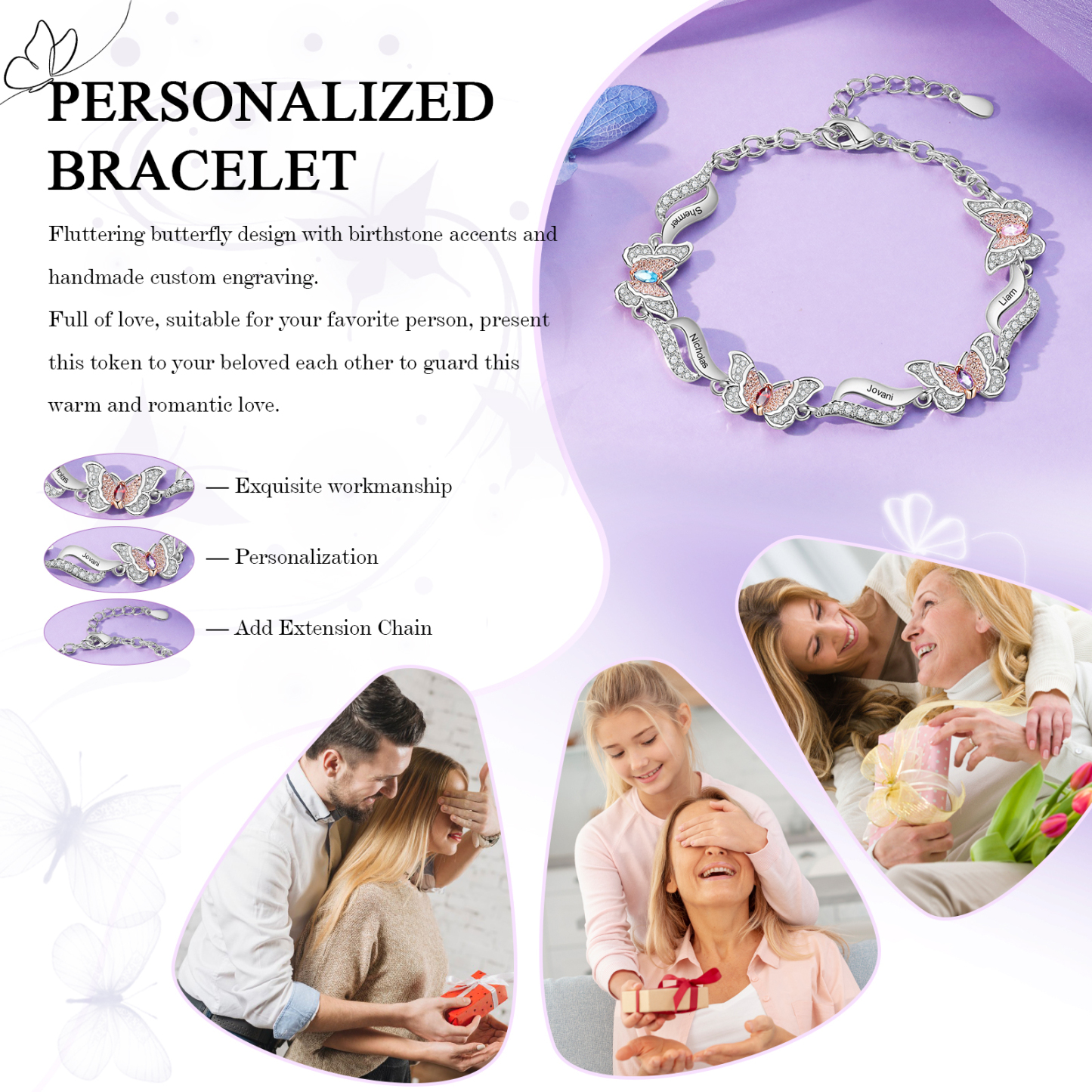 Bracelet Papillon 4 Prénoms Personnalisés avec 4 Pierres de Naissance Bracelet Personnalisé Femme | Jessemade