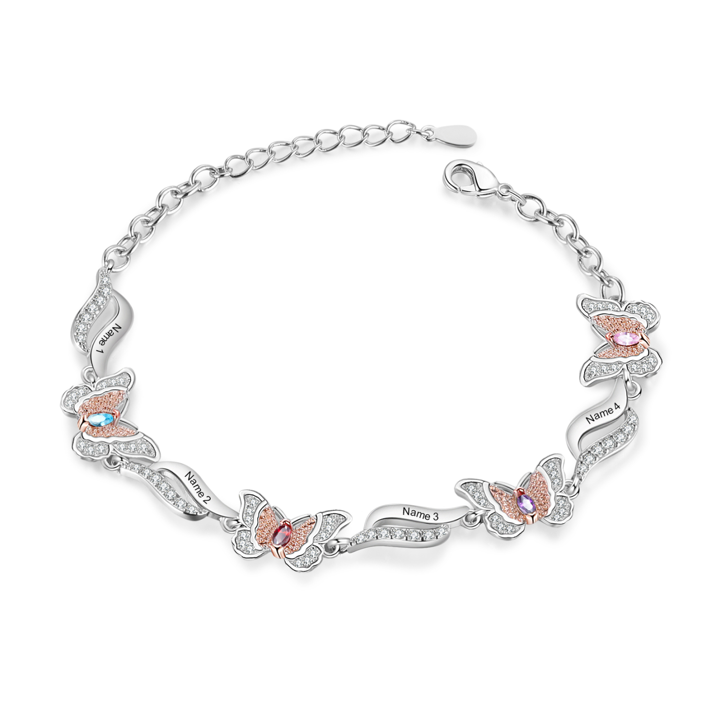 Bracelet Papillon 4 Prénoms Personnalisés avec 4 Pierres de Naissance Bracelet Personnalisé Femme | Jessemade